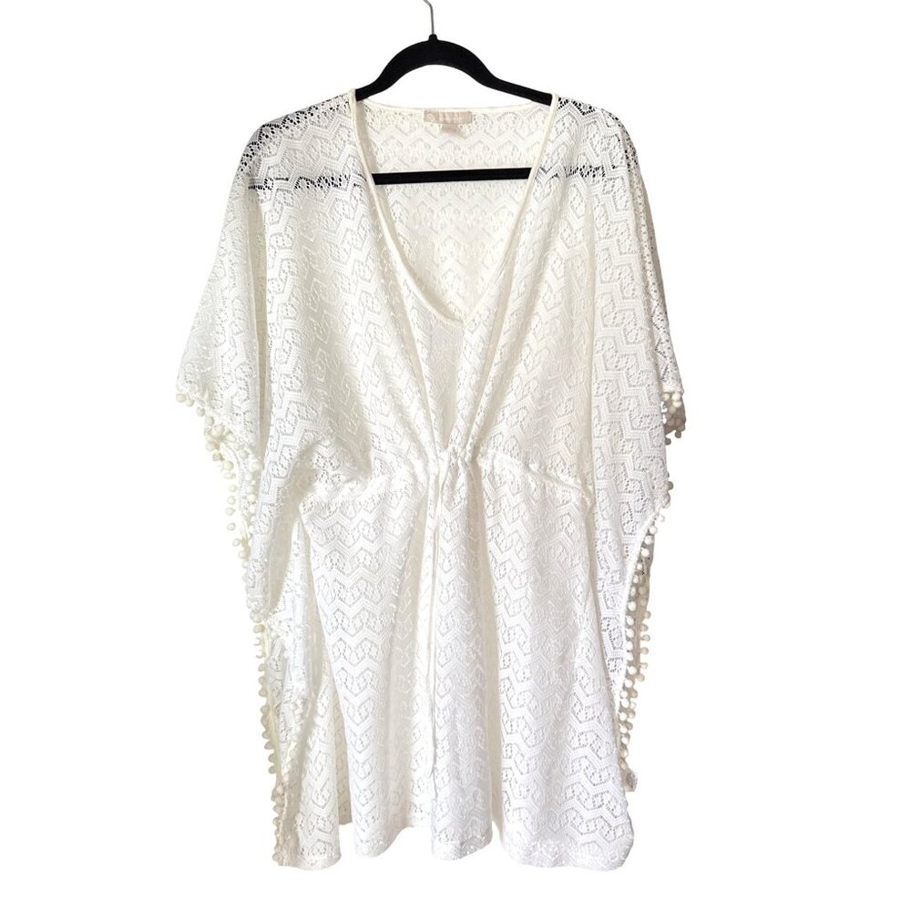 White Crochet Kimono Cover-Up With Pom Pom Trim One Size 100% Polyester Made In